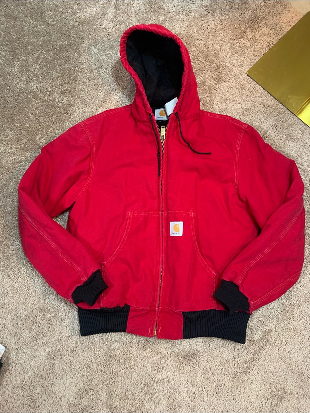 Vintage Carhartt Red Hooded Zip Work Jacket with Black Trim